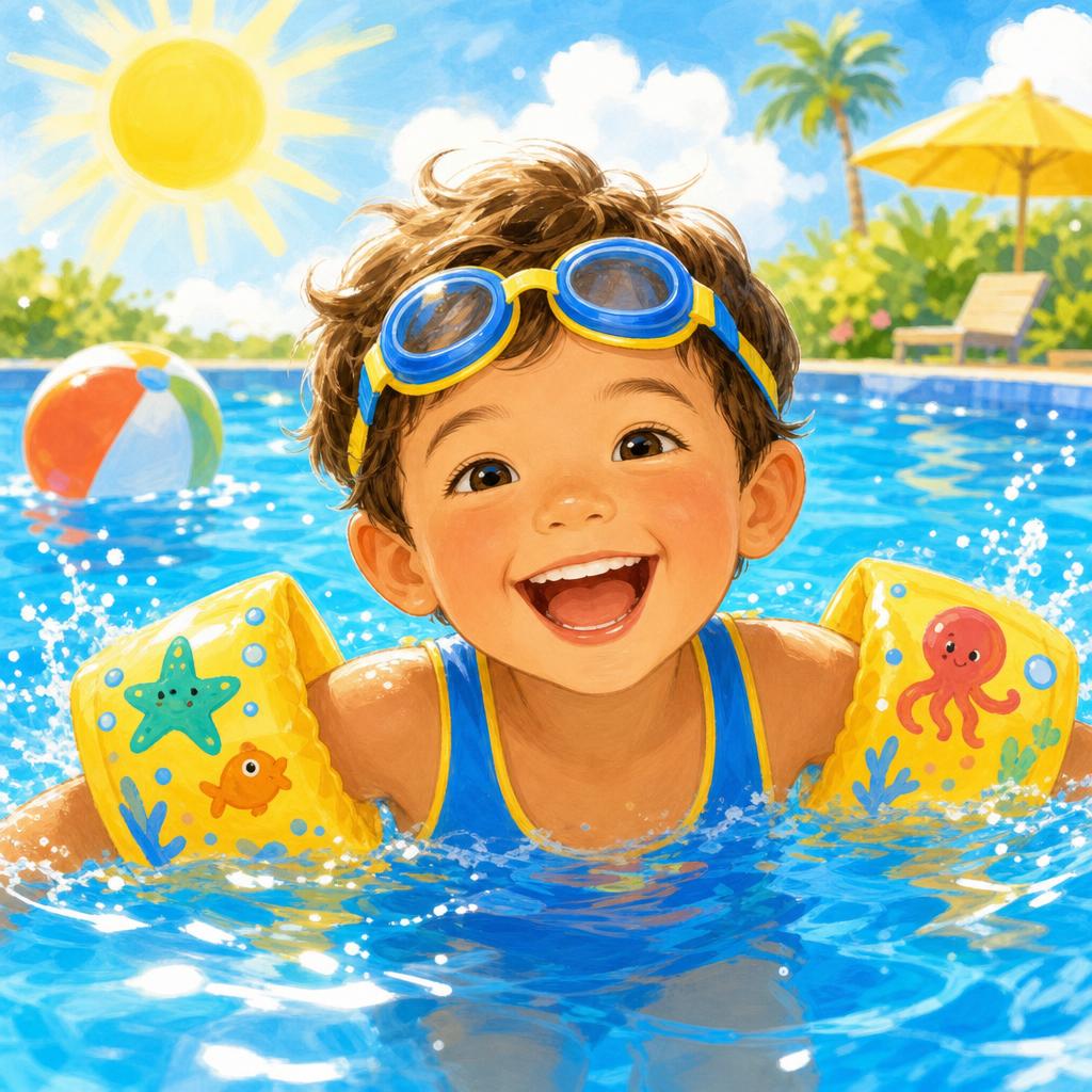 Happy child swimming with goggles and floaties