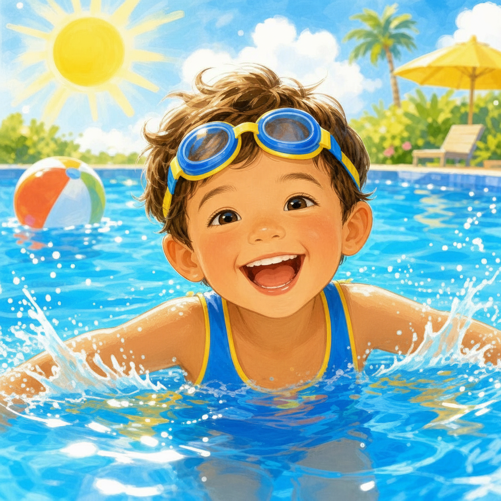 Happy child swimming with goggles and floaties