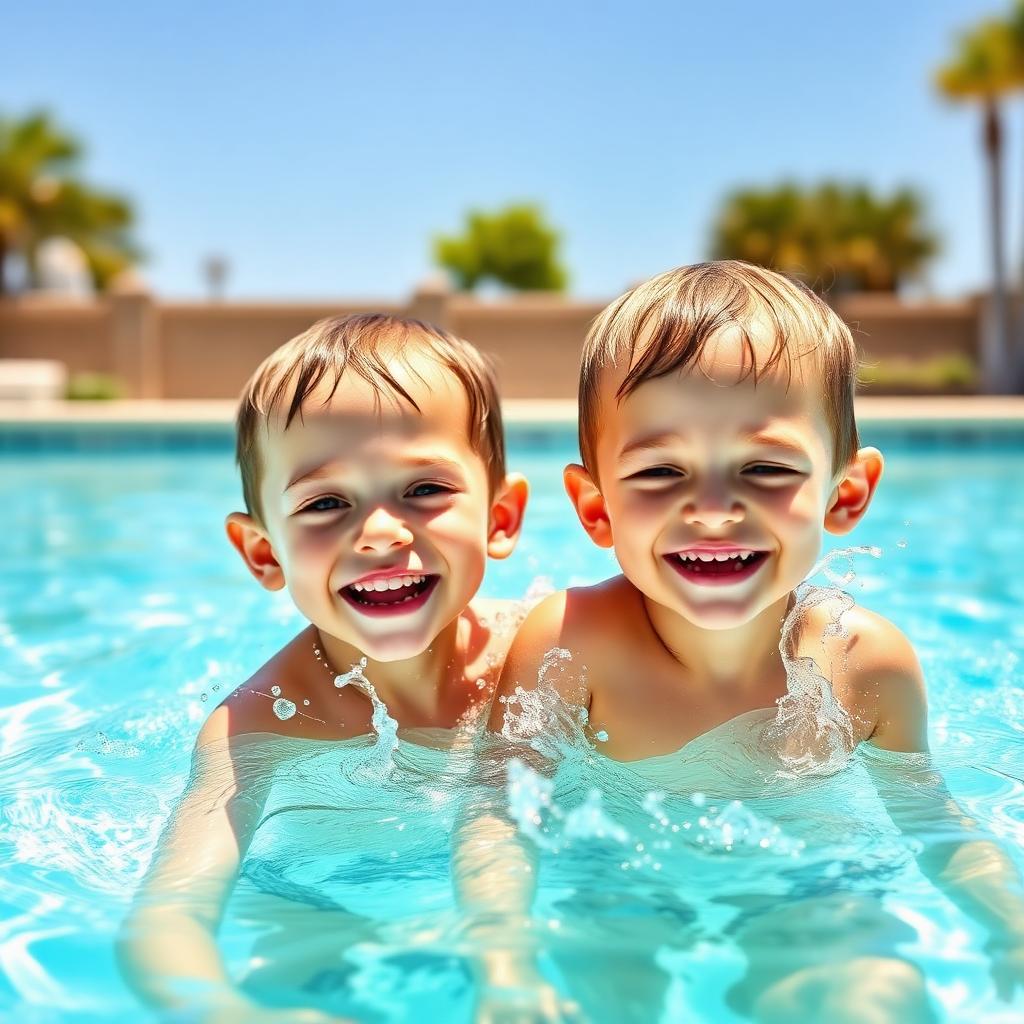 Two kids laughing in a sunlit pool