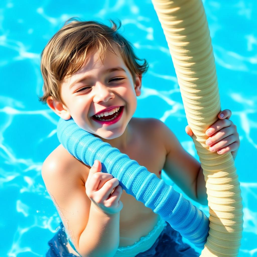 Child playing with a pool noodle