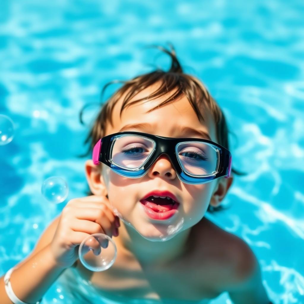 Child blowing bubbles with goggles on